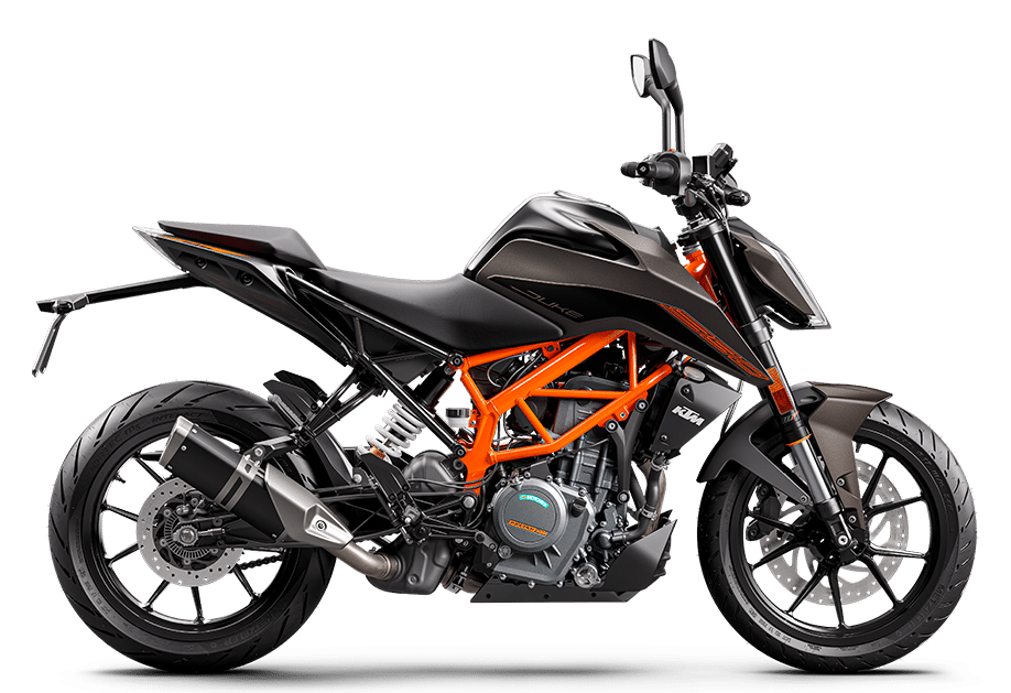 an orange and black motorcycle parked on a white background.